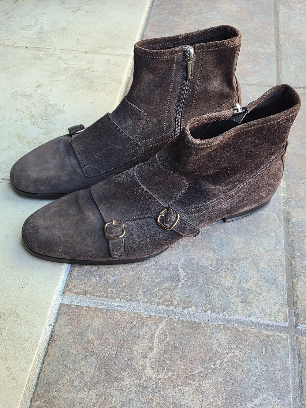 Santoni Handmade Brown Suede Double Monk Strap Ankle Boots With Zipper